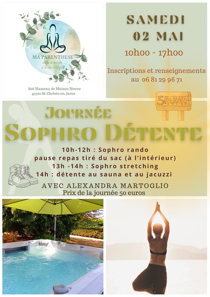 Journée Sophro Détente composée d'une sophor randonnée, un stretching, repas partagé et accès à l'espace bien-être : sauna, jacuzzi et piscine