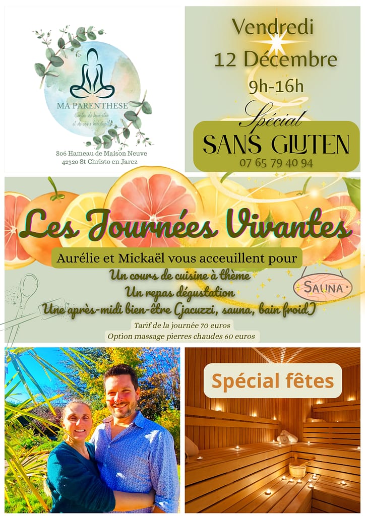 Les Journées Vivantes sont des journées organisées pour votre santé et votre bien-être. Aurélie et Mickaël vous accueillent pour un cours de cuisine vivante , un repas de dégustation de vos créations puis un après-midi détente et bien-être avec accès au spa, sauna et bain froid. Une journée pour vous et votre corps. Repartez rechargé et avec de nombreux conseils pour mieux vous alimenter. Cette session sera une spéciale sans gluten