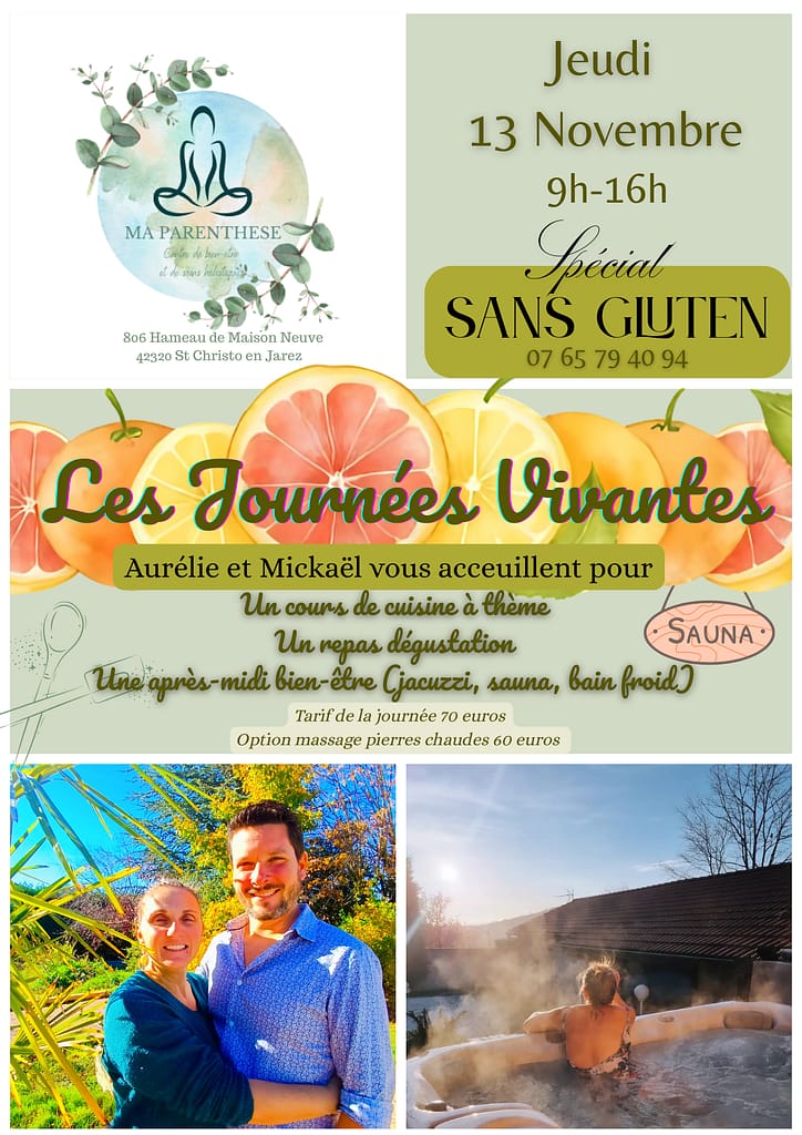 Les Journées Vivantes sont des journées organisées pour votre santé et votre bien-être. Aurélie et Mickaël vous accueillent pour un cours de cuisine vivante , un repas de dégustation de vos créations puis un après-midi détente et bien-être avec accès au spa, sauna et bain froid. Une journée pour vous et votre corps. Repartez rechargé et avec de nombreux conseils pour mieux vous alimenter. Cette session sera une spéciale sans gluten